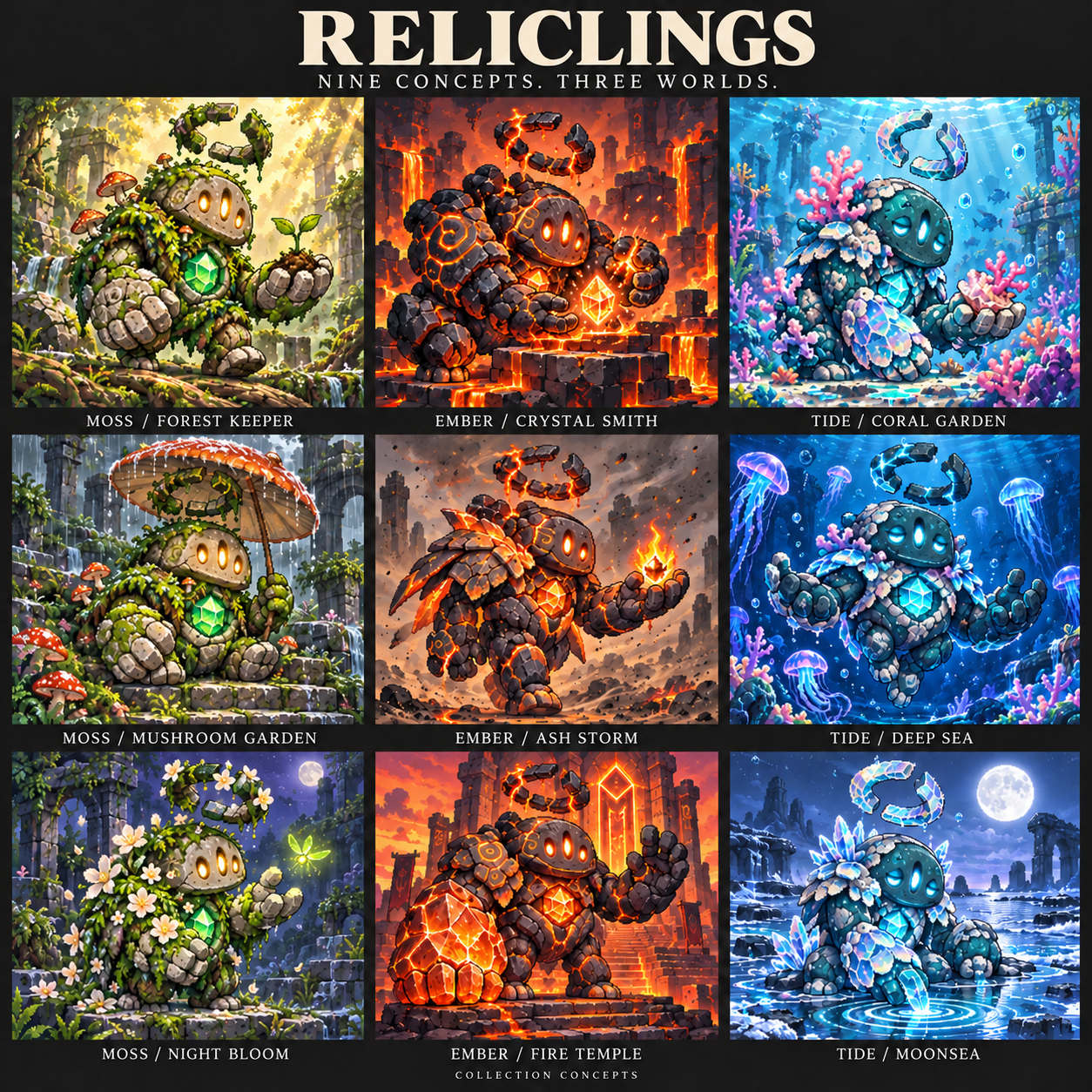 Nine RELICLINGS concept scenes: Moss in forests, Ember among volcanoes, and Tide beneath the sea